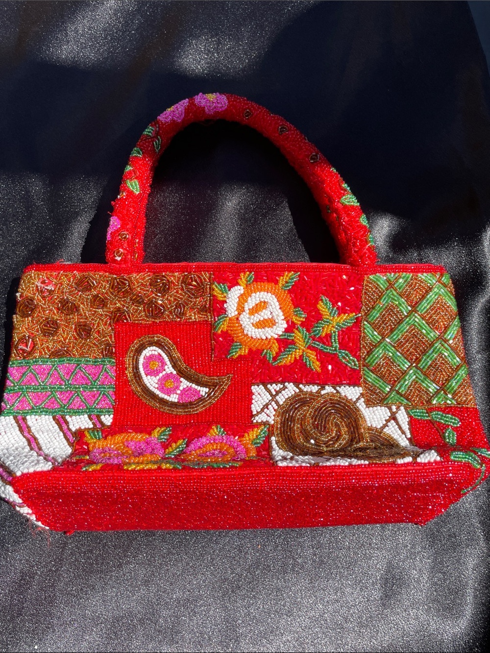 Handcrafted Red Embellished Beaded Tote Bag